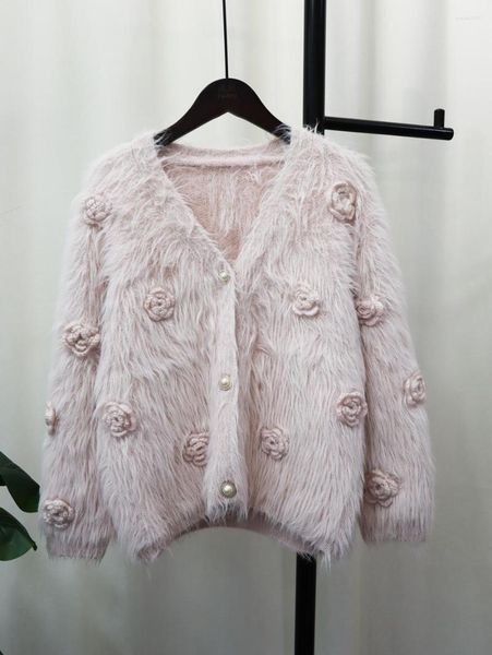 Cardigan lavorato a maglia in pile di visone imitazione fiore 3D da donna Giacca da donna in maglione morbido allentato stile autunnale