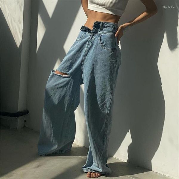 Jeans da donna 2023 Autunno Spicy Girls StreetFashion Giunzioni personalizzate Mesh Rosso Flip Vita Gamba larga traforata