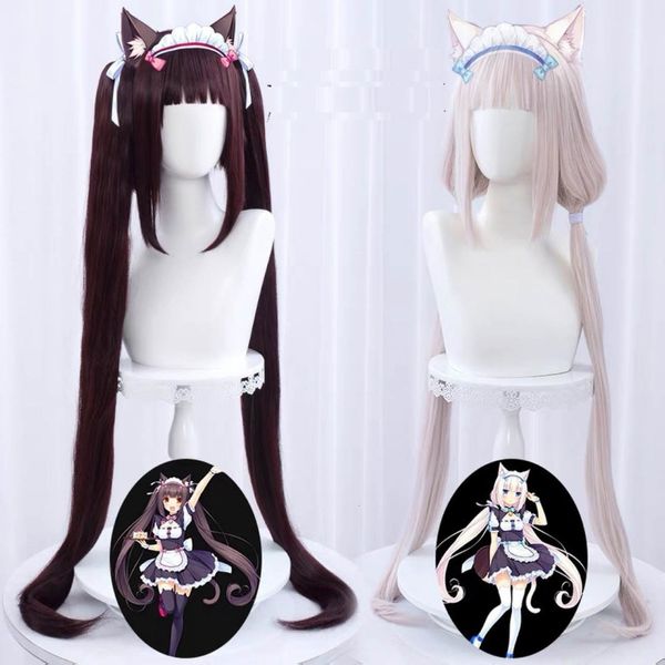 Cosplay perukları anime 100cm nekopara chocolat chocola uzun at kuyruğu kahverengi vanilya kawaii pembe ısıya dayanıklı saç cosplay wig 230906