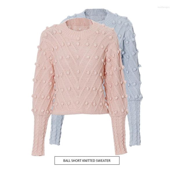 Suéteres femininos outono 2023 mulheres camisola lanterna manga alta cintura tridimensional bola curta pulôver camisa de lã