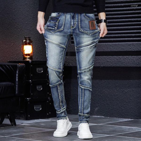 Мужские джинсы 2023, мужские стильные рваные брюки, тонкие прямые джинсовые брюки с потертостями, модные брюки Pantalones