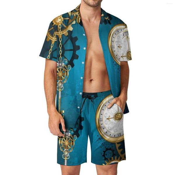 Tute da uomo Steampun Orologio da uomo Set Skeleton Key Stampa Pantaloncini casual Estate Cool Vacation Camicia Set Manica corta Personalizzato Taglie forti