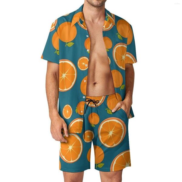 Tute da uomo Arance Set da uomo Stampa di frutta Hawaii Camicia casual Set Manica corta Pantaloncini grafici Abito da vacanza estiva Taglie forti 2XL 3XL