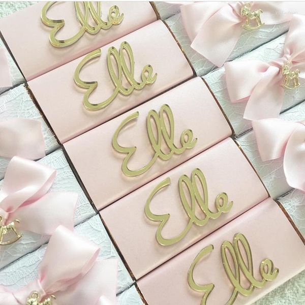 Estatuetas decorativas feitas sob medida, etiquetas espelhadas acrílicas douradas personalizadas para lembrancinhas de chá de bebê, corte a laser, letras de chocolate