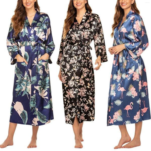 Kadınların Pijama Buz İpek Uzun Nightgown Kemerli Renkli Baskılı Kemeri Plus Boyut Pijama Gevşek Kimono V-Collar Boşluk Kadın Nightwear