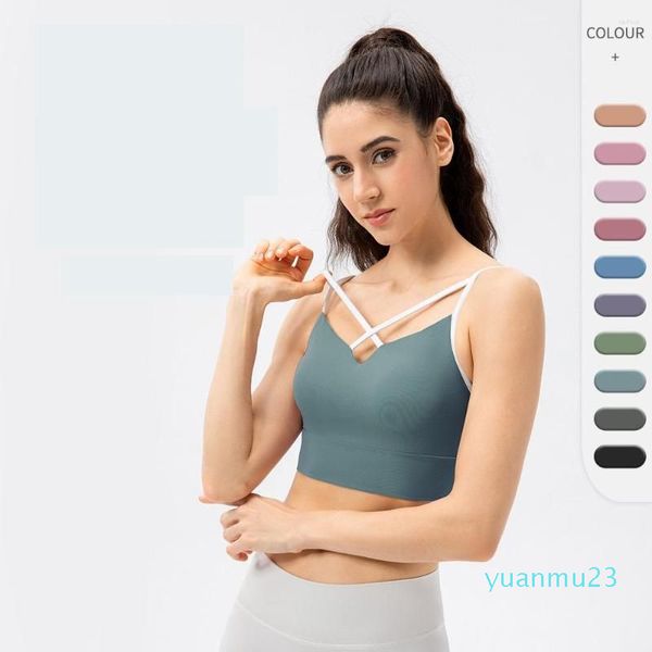 Completo da yoga Reggiseno sportivo con spalline da donna Sensazione nuda sexy Criss Cross anteriore senza ferretto Fitness imbottito a basso impatto con cinturino per spaghetti Palestra Crop Top