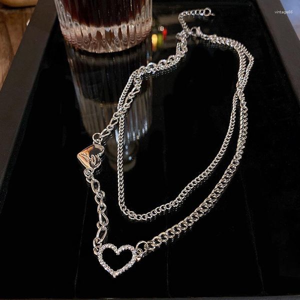 Anhänger Halsketten Doppelschicht Flash Diamant Liebesbrief Spleißen Titan Stahl Halskette Frauen Licht Luxus Kleine Anzahl von Herzen
