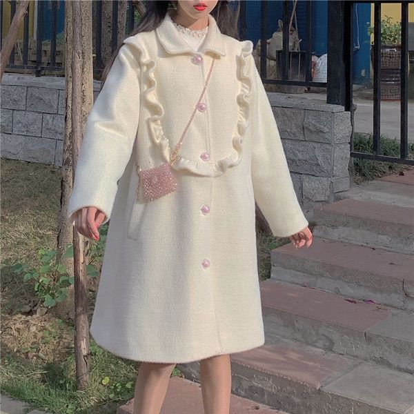 Misto lana da donna Cappotto invernale bianco Donna caldo dolce Trench allentato Bottone femminile Patchwork Coreano giapponese Kawaii Chic spesso 230905