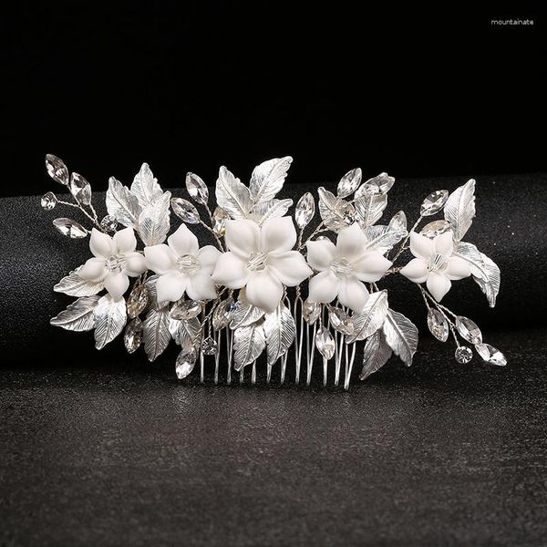 Fermagli per capelli Fiore in ceramica fatto a mano Copricapo da sposa Pettine Strass di lusso Foglia di metallo Perla Accessori di cristallo bianco Gioielli