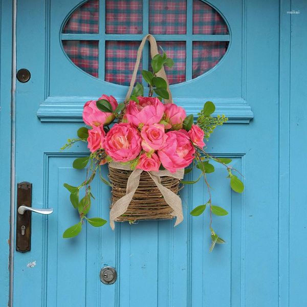 Fiori decorativi Bouquet di rose artificiali Fiore primaverile estivo con foglie verdi Cestino Ghirlanda Porta d'ingresso Appeso a parete per feste a casa