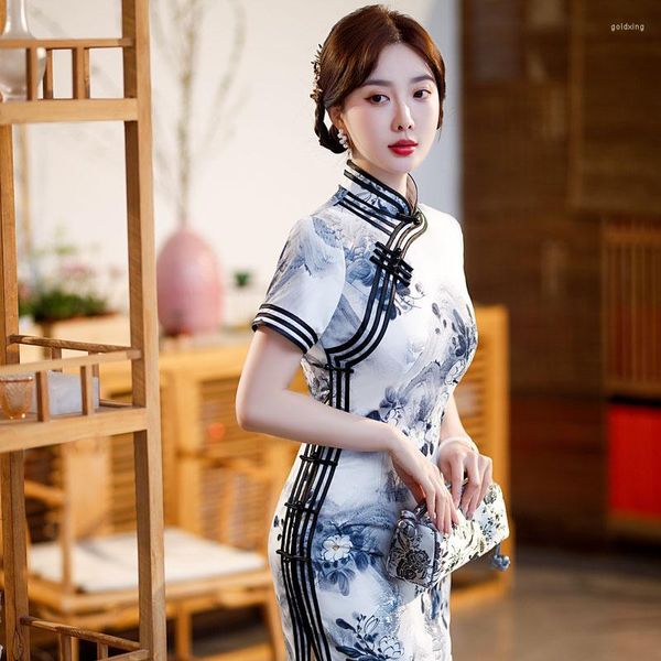 Roupas étnicas elegante branco longo cheongsam stand-up colarinho moda qipao tang terno estilo chinês vestido de noite para mulheres