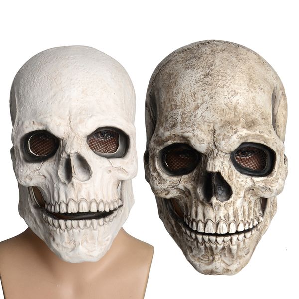 Maschere per feste Scheletro di Halloween Teschio Maschera orribile Testa piena Bocca Cranio mobile Copricapo Unisex Lattice Terrore Casco fantasma Costume Prop 230905