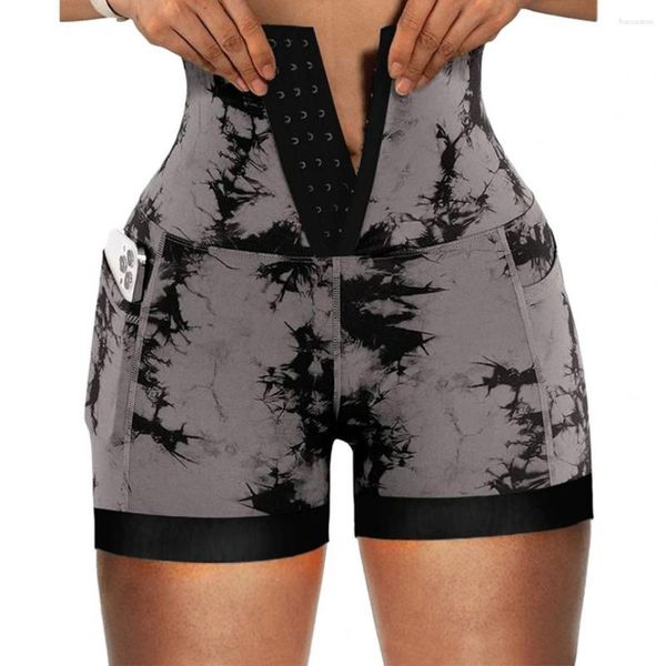 Aktive Shorts für Damen, hohe Taille, Workout, Batik-Yoga für Bauchkontrolle, angehobener Vorderverschluss, elastisch