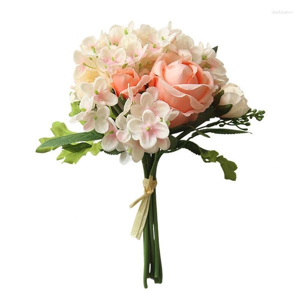 Flores decorativas 28 cm de altura rosa buquê de hortênsias casamento briede seda artificial floral falso para acessórios de decoração de casa
