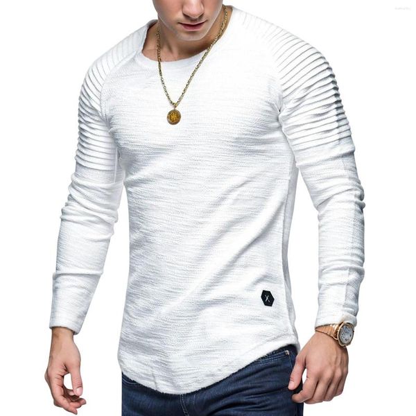 Camiseta masculina gola redonda, slim, cor sólida, camisa de manga comprida, listrada, pregas com mangas, estilo retrô de grandes dimensões, streetwear solto