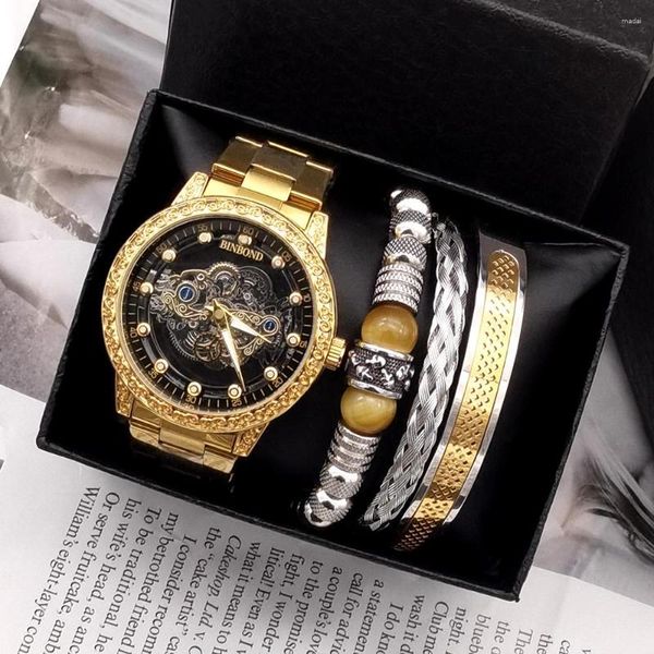 Wristwatches 4Pcs Top Men's Watches Skeleton Hollow Out Quartz Watch Vintage With Mens Bracelets Stainless Steel Bangles