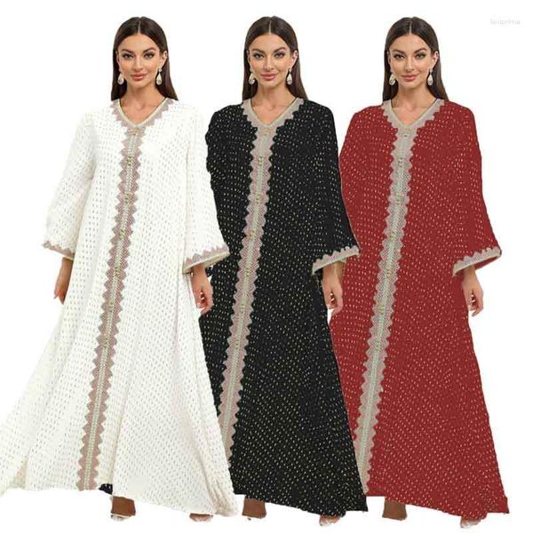 Roupas étnicas 2023 Verão Outono Elegante Mulheres Muçulmanas Manga Longa V-Pescoço Poliéster Branco Preto Vermelho Vestido Abaya Moda