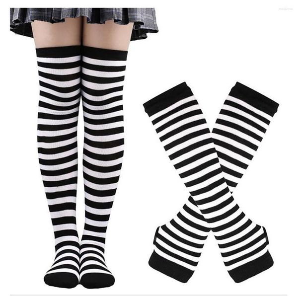 Frauen Socken Handschuhe Set Hohe Strümpfe Knie Gestreiften Armband Arm Abdeckung Weihnachten Halloween Cosplay