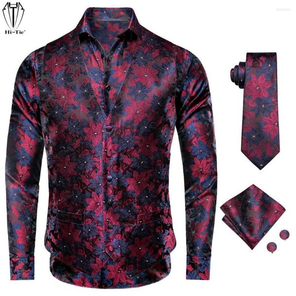 Coletes masculinos Hi-Tie Vermelho Azul Seda Mens Camisa Colete Gravata Hanky Cufflinks Jacquard Paisley Floral Masculino Blusa Colete Festa de Casamento Business XL