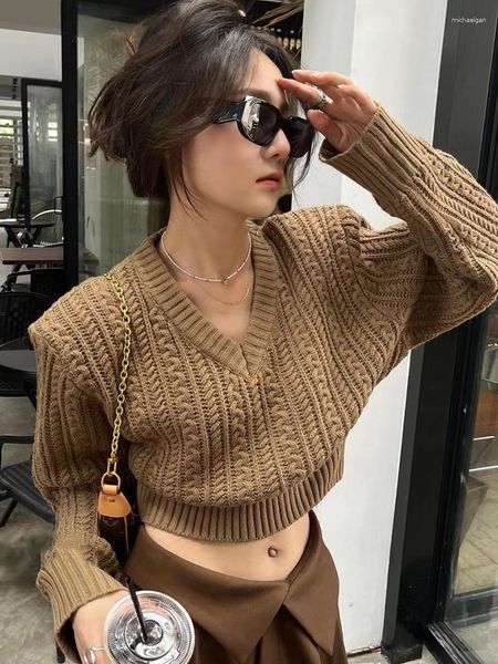 Frauen Pullover Koreanischen Mädchen Stil Lose Vielseitige V-ausschnitt Strickwaren Herbst Lange ärmeln Wendungen Kurze Pullover Mode Weibliche Kleidung