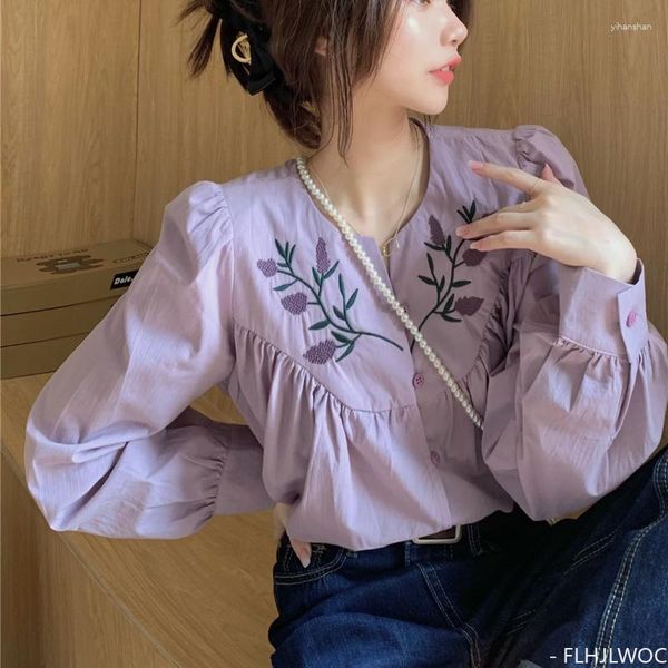 Camicette da donna Top in cotone con fiori ricamati Cute Japan Girls Corea Abbigliamento Donna Autunno Autunno Camicie monopetto a maniche lunghe