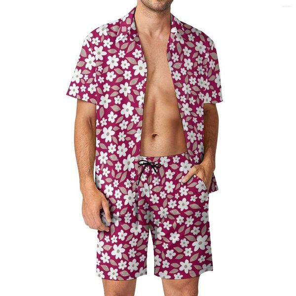 Herren-Trainingsanzüge, Ditsy Floral Herren-Sets, Fuchsia-Druck, lässige Shorts, Strandmode, Hemd-Set, Sommer-Trend-Grafik-Anzug, Kurzarm, Übergröße