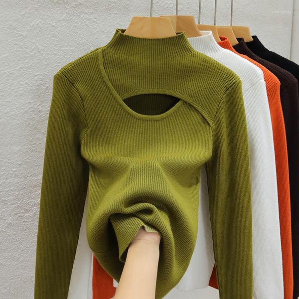 Frauen Pullover Aushöhlen Stricken Langarm T-shirt Dünne Tops Herbst Winter 2023 Dünne Pullover Koreanische Halb Hohe Kragen unterseite Hemd