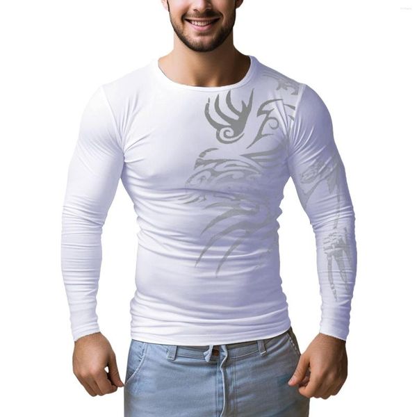 Magliette da uomo Camicia bianca stampata a maniche lunghe da uomo Top maschile Tinta unita Camicetta basic Pullover sociale traspirante Abbigliamento autunnale