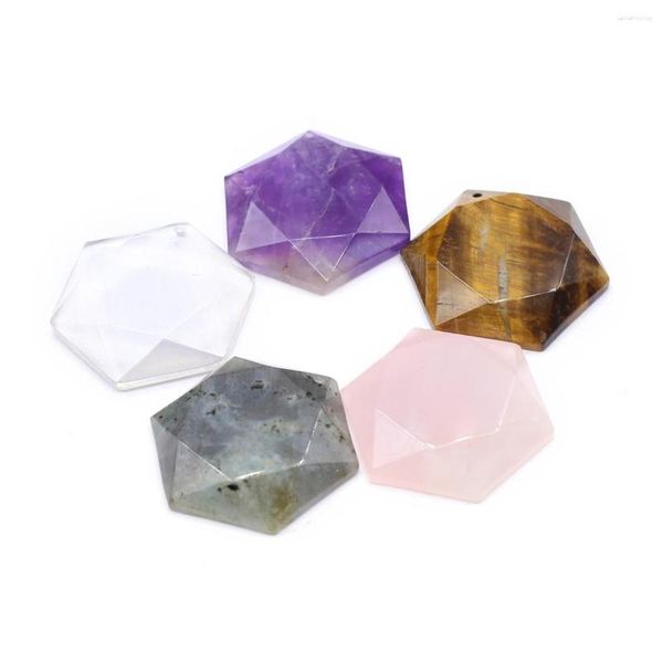 Pingente hexagonal de pedra semipreciosa natural, 2 peças, cores aleatórias, aparência fina para fazer joias diy, colar de brinco artesanal