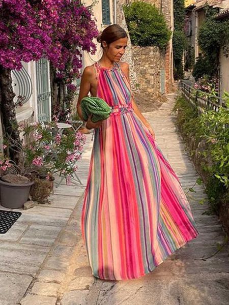 Abito Halter a strisce Donna Donna 2023 Vacanze estive Boho Midi Abiti da donna fuori dalla spalla a pannelli da festa chic.