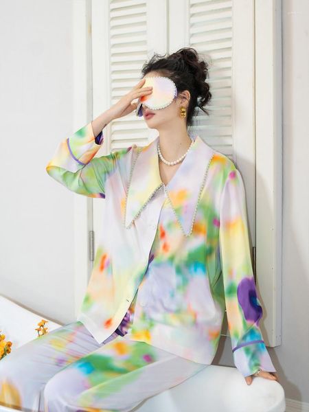Damen-Nachtwäsche TXii Time And Space Aquarell Traum Zweiteiliger Pyjama Frühling Herbst Diamantbesetzter Heimanzug aus Seide mit großem Revers