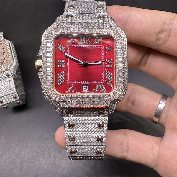 2tone Herren-Armbanduhr Cartis Rose 1foy Gold Ice Diamond, rotes Zifferblatt, blaues Zifferblatt, quadratische Diamantlünette, neuer Trend, Hip-Hop-Uhr, Automatikuhr