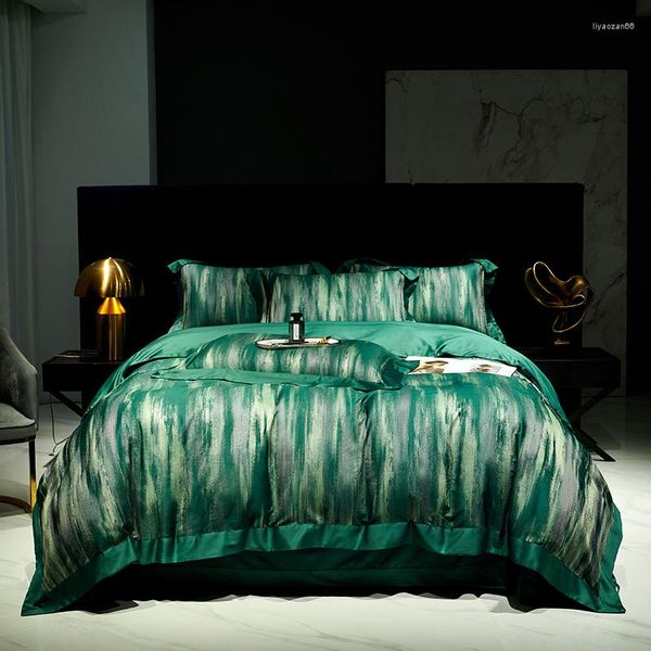 Yatak takımları yeşil lüks saten brokar 1000tc Mısır pamuk patchwork seti iplik boyalı jakard yorgan yatak tabakası yastık kılıfı