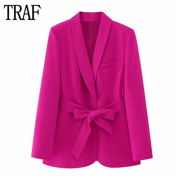 Damen Anzüge Blazer ONKOGENE Fuchsia Smoking Blazer Frau Gürtel Knopf Jacke Frauen Langarm Gerade für Streetwear 230906