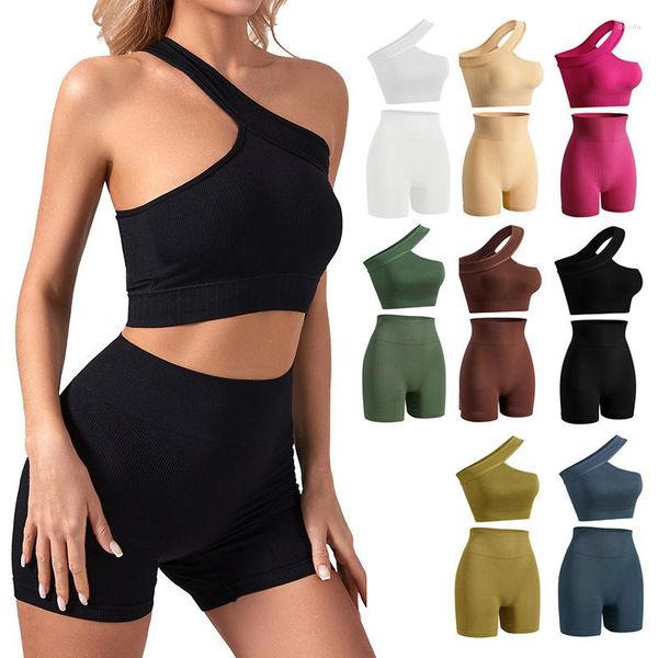 Set attivi Tuta da yoga a compressione Set da 2 pezzi per donna Reggiseno monospalla Imbottitura mobile Pantaloncini per fianchi elastici Collant sportivo Scrunch Bum