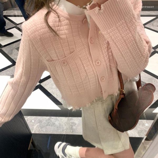 Damenpullover Korejepo Minimalistischer koreanischer Pullover 2023 Herbst Falten Tragen Mode Milch Cool Kurze Strickjacke Frühling Vielseitiges Top