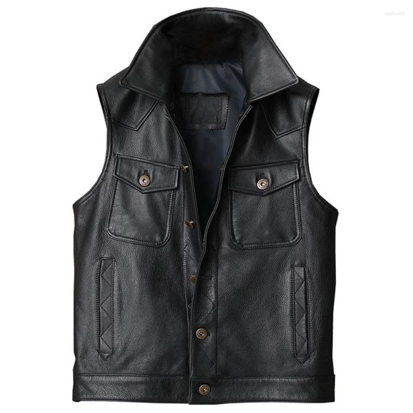 Gilets pour hommes Cowhide Biker Mans Vest Manteau Printemps Été Beau Mens Gilet Moto Tee Tanks Hommes Vintage Robe Costume Weskits 5XL