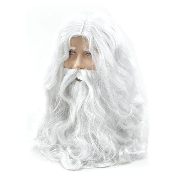 Máscaras de festa seda deluxe branco santa fantasia vestido traje assistente peruca e barba conjunto 40cm natal halloween ano decoração 230905