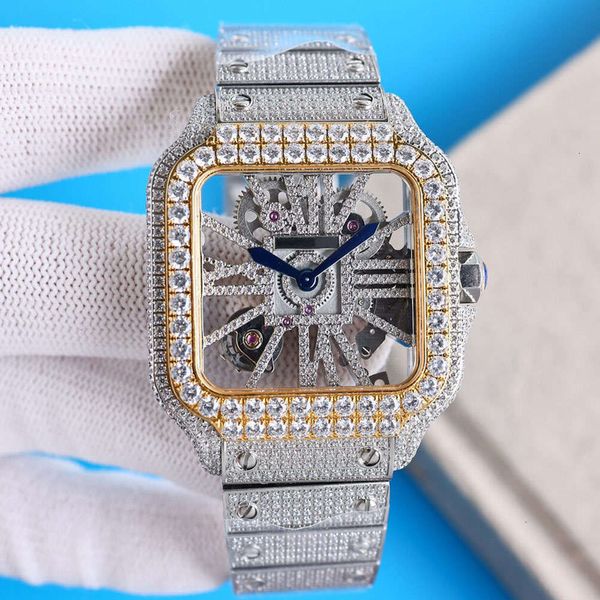 B7D2 Diamant-Höhlen-Herrenuhr mit Quarzwerk, 39,8 mm, mit diamantbesetztem Stahlarmband, leuchtende Armbanduhr Mo