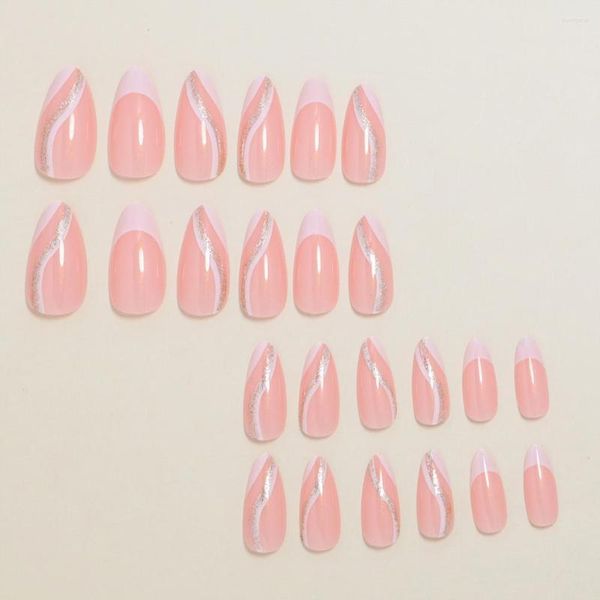 Falsche Nägel, langanhaltende Gel-Fälschung mit sofortiger Haftung, funkelndes Pailletten-Glitzer-Maniküre-Set für Frauen, Rosa-Weiß