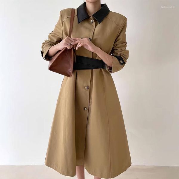 Trench da donna SuperAen Korea Chic Autunno e inverno Nicchia Cappotto lungo con cinturino monopetto con risvolto retrò per donna