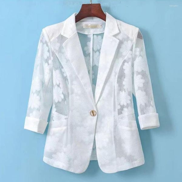 Ternos femininos blazer 3/4 manga verão lapela transparente oco flor malha fio terno jaqueta costura um botão bolsos