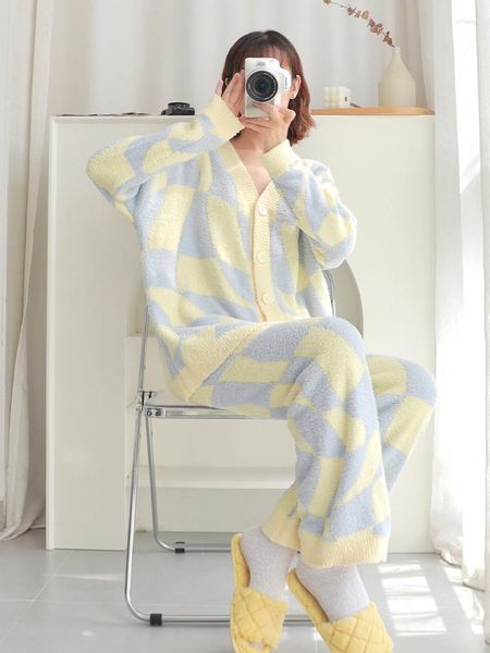 Pijamas femininos xadrez inverno grosso quente pijama conjuntos feminino flanela casa roupas de manga longa pijamas terno casual nightwear