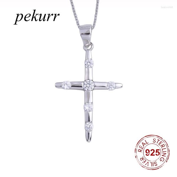 Catene Pekurr 925 Sterling Silver 6 Zircon Gems Grandi collane a croce per le donne Pendenti femminili Collare a catena lunga Gioielleria raffinata