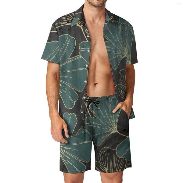 Fatos masculinos Gingko Biloba Homens Conjuntos Folhas Art Print Casual Shorts Praia Camisa Set Verão Engraçado Terno Gráfico Manga Curta Plus Size