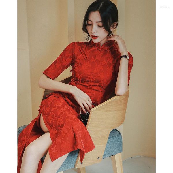 Roupas étnicas 2023 Lace Melhorado Cheongsam Vestido Chinês Mulheres Casamento Noiva Brinde Ano Vermelho Qipao Vestidos de Noite Formal