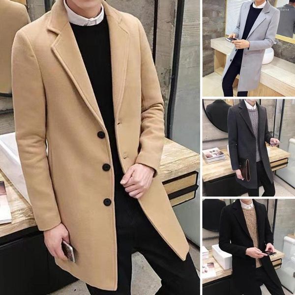 Casacos de Trench Masculinos Homens Outono Casaco de Inverno Cor Sólida Lapela Comprimento Médio Manga Longa Cardigan Single-breasted Anti-rugas Estilo Formal de Negócios