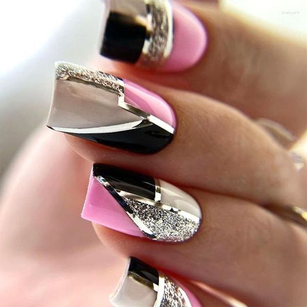 Накладные ногти 3D поддельные аксессуары Falsh Glitter Черный Розовый Геометрический дизайн Квадратные кончики Искусственные ногти Нажмите на принадлежности для дизайна ногтей