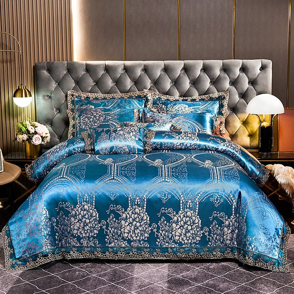 Conjuntos de cama s luxo jacquard conjunto casa rainha king size conjunto 4 pcs capa de edredão fronhas cama folha azul 230906