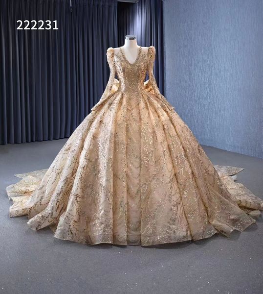 Luxuriöse goldene Ballkleid-Abendkleider mit langen Ärmeln, V-Ausschnitt und Perlen SM222231